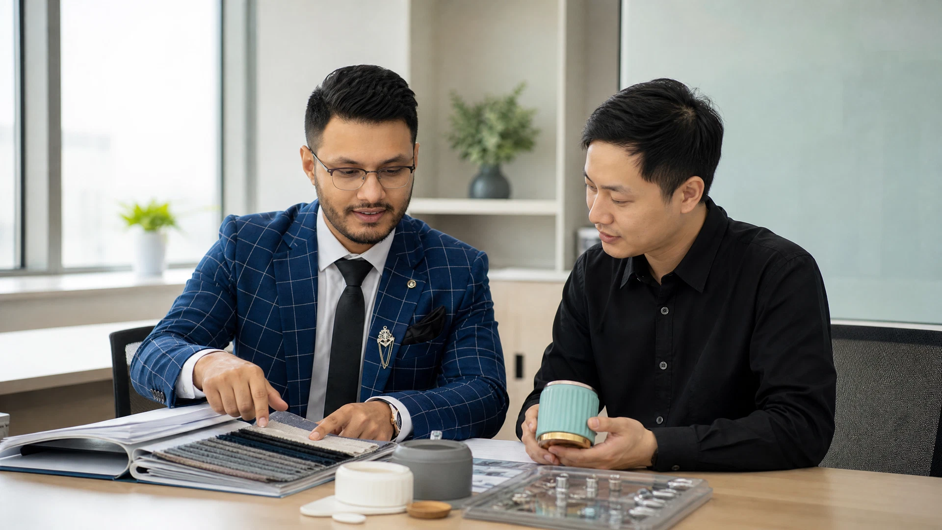 Representative sourcing team comparing product samples in China