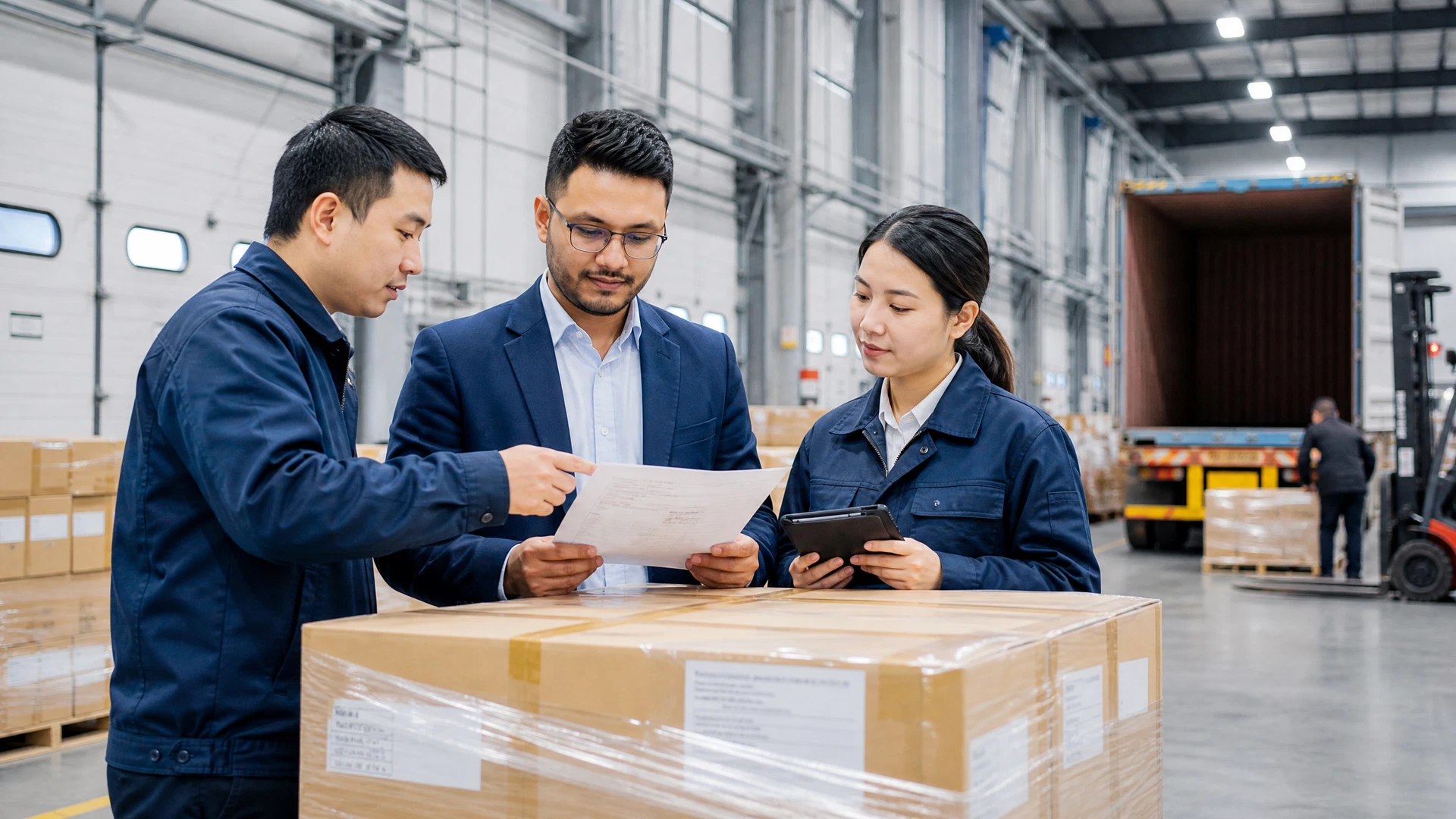 Representative logistics team reviewing shipment documents and export cartons